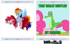 Size: 555x334 | Tagged: safe, gummy, pinkie pie, rainbow dash, derpibooru, g4, exploitable meme, juxtaposition, juxtaposition win