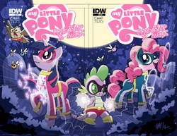 Size: 1600x1237 | Tagged: safe, idw, official comic, owlowiscious, pinkie pie, spike, twilight sparkle, bird, dragon, earth pony, owl, parasprite, pony, unicorn, g4, official, comic, cover, female, male, mare