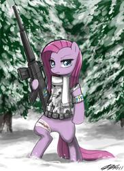 Size: 800x1100 | Tagged: dead source, safe, artist:johnjoseco, pinkie pie, earth pony, pony, g4, bandage, bipedal, blood, gun, injured, looking at you, pinkamena diane pie, rifle, snow, weapon