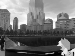 Size: 2592x1936 | Tagged: safe, artist:adrianimpalamata, applejack, earth pony, human, pony, g4, 9/11, black and white, butt, grayscale, irl, national september 11th memorial, new york, new york city, photo, plot, ponies in real life, vector