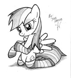 Size: 800x870 | Tagged: safe, artist:jcosneverexisted, rainbow dash, pony, g4, clothes, female, monochrome, rainbow socks, socks, solo, striped socks, traditional art