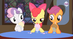 Size: 637x347 | Tagged: safe, screencap, apple bloom, scootaloo, sweetie belle, earth pony, pegasus, pony, unicorn, g4, one bad apple, season 3, apple bloom's bow, bow, cutie mark crusaders, female, filly, foal, hair bow, milkshake, out of context