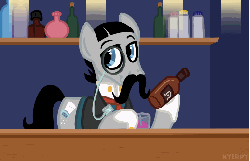 Size: 518x334 | Tagged: safe, artist:nyerpy, morton saltworthy, earth pony, pony, g4, alcohol, animated, appleloosa resident, bottle, clothes, drink, male, monocle, moustache, solo, stallion