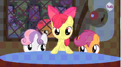 Size: 480x270 | Tagged: safe, screencap, apple bloom, babs seed, scootaloo, sweetie belle, earth pony, pegasus, pony, unicorn, g4, one bad apple, season 3, animated, apple bloom's bow, bow, cherry, cute, female, filly, foal, gif, hair bow, milkshake