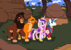 Size: 929x651 | Tagged: safe, artist:tlk-peachii, princess cadance, shining armor, g4, crossover, kiara, kovu, the lion king