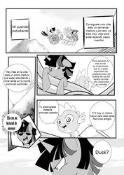 Size: 900x1273 | Tagged: safe, artist:0ryomamikado0, editor:mercury2099, spike, twilight sparkle, comic:the unexpected love life of dusk shine, g4, comic, rule 63, spanish, translation