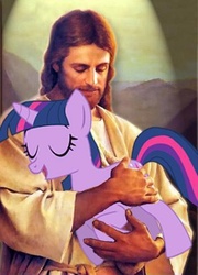 Size: 350x486 | Tagged: safe, artist:del parson, twilight sparkle, human, pony, unicorn, g4, duo, eyes closed, holding a pony, hug, jesus christ, smiling, unicorn twilight