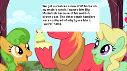 Size: 640x360 | Tagged: safe, edit, edited screencap, screencap, apple honey, big macintosh, perfect pie, earth pony, pony, g4, apple family member, cupcake, food, male, pony confession, stallion