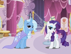 Size: 1600x1200 | Tagged: safe, artist:eternaluprising4, rarity, trixie, pony, unicorn, g4, alternate hairstyle, cape, carousel boutique, clothes, duo, duo female, female, horn, mane swap, mare, open mouth, trixie's cape