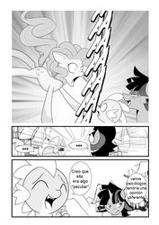 Size: 752x1063 | Tagged: safe, artist:0ryomamikado0, editor:mercury2099, pinkie pie, spike, twilight sparkle, comic:the unexpected love life of dusk shine, g4, comic, rule 63, spanish, translation