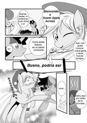 Size: 752x1063 | Tagged: safe, artist:0ryomamikado0, editor:mercury2099, applejack, spike, twilight sparkle, comic:the unexpected love life of dusk shine, g4, comic, rule 63, spanish, translation