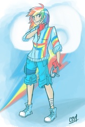 Size: 600x894 | Tagged: safe, artist:coin-trip39, rainbow dash, human, g4, bandage, clothes, converse, female, fingerless gloves, gloves, goggles, humanized, jacket, shoes, shorts, solo