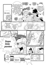 Size: 1024x1448 | Tagged: safe, artist:0ryomamikado0, editor:mercury2099, applejack, pinkie pie, spike, twilight sparkle, comic:the unexpected love life of dusk shine, g4, comic, rule 63, spanish, translation