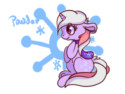 Size: 700x525 | Tagged: safe, artist:cotton, powder, pony, unicorn, g1, g4, 2012, clothes, colored pinnae, cutie mark background, female, floppy ears, g1 to g4, generation leap, hoof on chest, horn, mare, scarf, simple background, sitting, solo, underhoof, white background