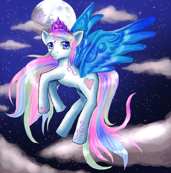 Size: 900x914 | Tagged: safe, artist:kirbyfan510, star catcher, pegasus, pony, g3, 2012, anime eyes, blue background, cloud, colored wings, female, flying, full moon, gradient background, hoof heart, jewelry, looking at you, mare, moon, night, night sky, simple background, sky, spread wings, stars, tiara, underhoof, wings