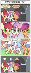 Size: 600x1390 | Tagged: safe, artist:innuendo88, artist:solar-slash, apple bloom, scootaloo, sweetie belle, g4, hypnosis, spanish, translation