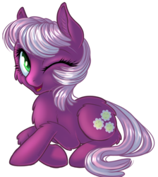 Size: 579x647 | Tagged: safe, artist:kittehkatbar, cheerilee, earth pony, pony, g4, cheeribetes, chest fluff, cute, female, fluffy, mare, one eye closed, prone, simple background, smiling, solo, transparent background, wink