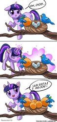 Size: 400x856 | Tagged: safe, artist:innuendo88, artist:racoonsan, orange bird, twilight sparkle, pony, unicorn, g4, :o, dialogue, eyes closed, female, magic, mare, open mouth, orange, orangified, raised hoof, simple background, smiling, spanish, speech bubble, transformation, translation, unicorn twilight, wat, white background