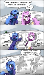 Size: 1024x1733 | Tagged: safe, artist:ciriliko, artist:innuendo88, princess celestia, princess luna, g4, cewestia, comic, creeper, female, filly, male, parody, simpsons did it, spanish, the simpsons, translation, woona, younger