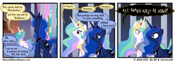 Size: 950x331 | Tagged: safe, artist:gx, princess celestia, princess luna, alicorn, pony, g4, celestia is not amused, comic, frown, geography, glare, gritted teeth, horse puns, horsepower, lampshade hanging, names, open mouth, pun, sharp teeth, smiling, teeth, traditional royal canterlot voice, tyrant celestia, unamused, wide eyes