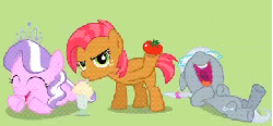 Size: 389x182 | Tagged: safe, screencap, babs seed, diamond tiara, silver spoon, earth pony, pony, g4, one bad apple, season 3, animated, drinking, eyes closed, female, filly, food, gif, laughing, lying down, male, on back, tomato