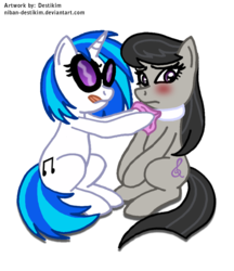 Size: 600x693 | Tagged: safe, artist:niban-destikim, dj pon-3, octavia melody, vinyl scratch, earth pony, pony, unicorn, g4, blushing, bowtie, cute, embarrassed, female, horn, lesbian, mare, ship:scratchtavia, shipping, simple background, transparent background