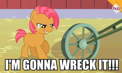 Size: 588x356 | Tagged: safe, edit, edited screencap, screencap, babs seed, earth pony, pony, g4, one bad apple, caption, female, filly, image macro, solo, text, wheel, wreck-it ralph