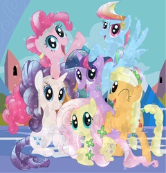 Size: 3000x3125 | Tagged: safe, artist:mrmrman363, applejack, fluttershy, pinkie pie, rainbow dash, rarity, twilight sparkle, earth pony, pegasus, pony, unicorn, g4, my little pony: friendship is magic, the crystal empire, crystal empire, crystallized, eyes closed, flower, flower in hair, looking at you, mane six, mane six opening poses, smiling, smiling at you, unicorn twilight