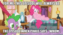 Size: 960x540 | Tagged: safe, edit, edited screencap, screencap, pinkie pie, spike, dragon, pony, g4, too many pinkie pies, balloon, bed, duo, duo male and female, female, grammar, image macro, male, meta, quill, scroll, sugarcube corner, whom