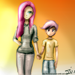 Size: 1280x1280 | Tagged: safe, artist:johnjoseco, artist:trelwin, pinkie pie, scootaloo, human, g4, clothes, duo, holding hands, hoodie, humanized, pinkamena diane pie