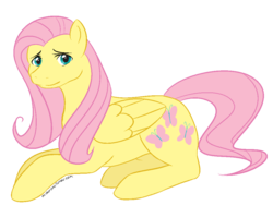 Size: 1024x768 | Tagged: safe, artist:midoromi, fluttershy, pegasus, pony, g4, female, folded wings, looking at you, lying down, mare, prone, simple background, solo, three quarter view, transparent background, wings