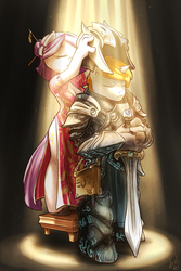 Size: 666x1000 | Tagged: safe, artist:atryl, oc, oc only, unicorn, anthro, armor, book, cheongsam, clothes, fantasy class, knight, sword, warrior, weapon