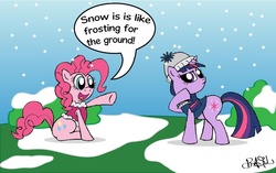 Size: 788x496 | Tagged: safe, artist:professorbasil, pinkie pie, twilight sparkle, g4, clothes, hat, snow, snowfall, winter