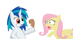 Size: 1024x551 | Tagged: safe, artist:hardcyder, dj pon-3, fluttershy, vinyl scratch, pegasus, pony, unicorn, g4, duo, female, horn, mare, meat, ponies eating meat, simple background, transparent background, wrong eye color