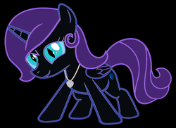 Size: 1309x951 | Tagged: safe, artist:mihaaaa, artist:taionafan369, oc, oc only, oc:nyx, series:the chronicles of nyx, black background, female, filly, foal, jewelry, locket, necklace, recolor, simple background, solo