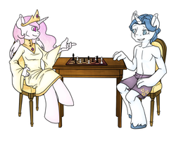 Size: 1000x813 | Tagged: safe, artist:burningash, fancypants, princess celestia, anthro, g4, boxers, chess, clothes, fancestia, female, male, shipping, straight, strip chess, topless, underwear