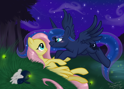 Size: 2100x1500 | Tagged: safe, artist:carykaiba, fluttershy, princess luna, rabbit, g4, female, lesbian, night, ship:lunashy, shipping