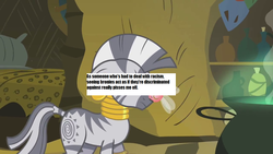 Size: 1280x720 | Tagged: safe, zecora, parasprite, zebra, g4, drama, pony confession