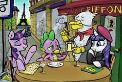 Size: 1800x1200 | Tagged: safe, artist:almaska, gustave le grande, rarity, spike, twilight sparkle, griffon, g4, beatnik rarity, beret, cafe, clothes, croissant, eyes closed, food, france, grin, hat, open mouth, paris, smiling, third wheel, underhoof, working