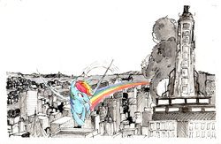 Size: 1280x833 | Tagged: safe, artist:cadance-and-cascade, rainbow dash, ape, g4, banana, king kong, parody