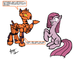 Size: 900x726 | Tagged: safe, artist:cynos-zilla, pinkie pie, robot, g4, crossover, droid, hk-47, meatbag, pinkamena diane pie, simple background, star wars, star wars: knights of the old republic, totally not a shipping, transparent background
