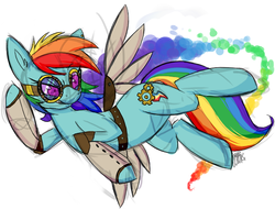 Size: 696x530 | Tagged: safe, artist:xnir0x, rainbow dash, earth pony, pony, g4, alternate universe, flying, goggles, race swap, steampunk