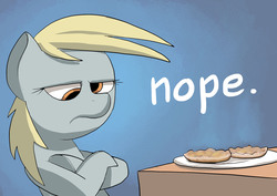 Size: 2262x1600 | Tagged: safe, artist:docwario, derpy hooves, pegasus, pony, g4, english muffin, female, mare, muffin, nope, not a muffin, solo, unamused