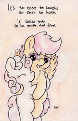 Size: 719x1111 | Tagged: safe, artist:slightlyshade, scootaloo, sweetie belle, g4, female, hug, lesbian, ship:scootabelle, shipping, traditional art