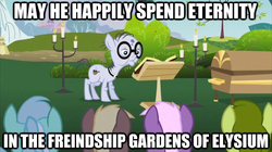 Size: 625x350 | Tagged: safe, coco crusoe, lyra heartstrings, mr. waddle, oakey doke, welch, earth pony, pony, g4, background pony, casket, clerical collar, coffin, elderly, elysium, eulogy, funeral, glasses, image macro, implied death, liver spots, male, misspelling, priest, stallion