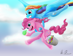 Size: 5600x4327 | Tagged: safe, artist:sukebei, pinkie pie, rainbow dash, earth pony, pegasus, pony, g4, absurd resolution, bucket, carrying, cloud, duo, flying, incoming prank, partillery, prank, sky, water balloon