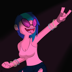 Size: 1600x1600 | Tagged: safe, artist:terra-aquis, dj pon-3, vinyl scratch, human, g4, black background, breasts, cleavage, clothes, devil horn (gesture), female, glow rings, humanized, open mouth, simple background, solo, tank top, tongue out