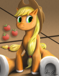 Size: 3400x4400 | Tagged: safe, artist:sukebei, applejack, earth pony, pony, g4, apple, female, hooves, horseshoes, sitting, solo