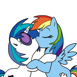 Size: 1000x1000 | Tagged: safe, artist:madmax, dj pon-3, rainbow dash, vinyl scratch, pegasus, pony, unicorn, g4, colored, duo, eyes closed, female, kiss on the lips, kissing, lesbian, mare, shipping, simple background, vinyldash, white background