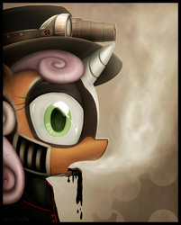 Size: 1024x1271 | Tagged: safe, artist:subjectnumber2394, sweetie belle, pony, robot, robot pony, unicorn, g4, bust, eyelashes, female, filly, foal, frown, hat, horn, looking at you, oil, open mouth, portrait, rabbit (steam powered giraffe), solo, steam, steam powered giraffe, steampunk, sweetie bot